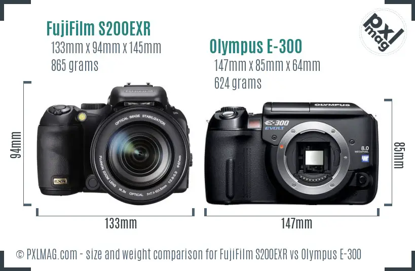 FujiFilm S200EXR vs Olympus E-300 size comparison