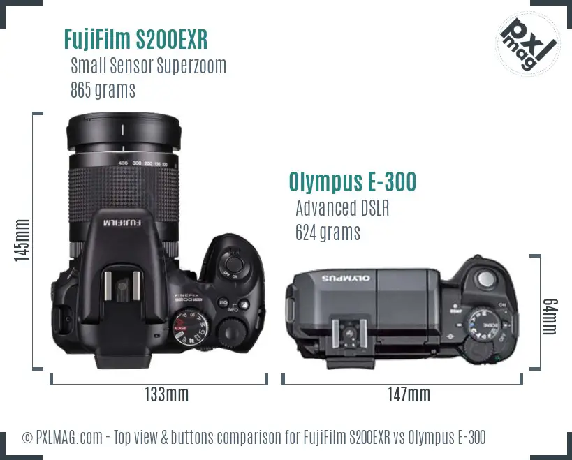 FujiFilm S200EXR vs Olympus E-300 top view buttons comparison