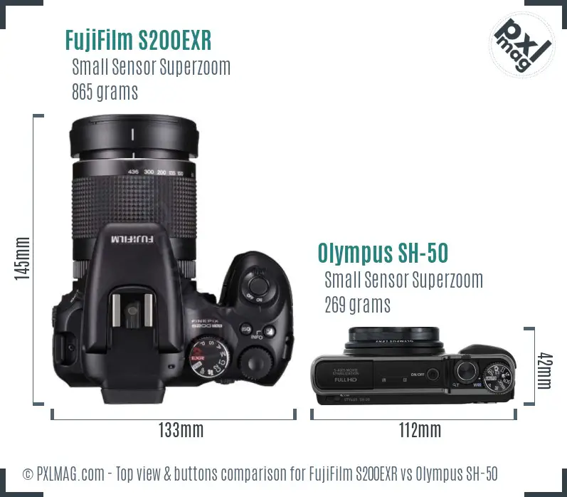 FujiFilm S200EXR vs Olympus SH-50 top view buttons comparison