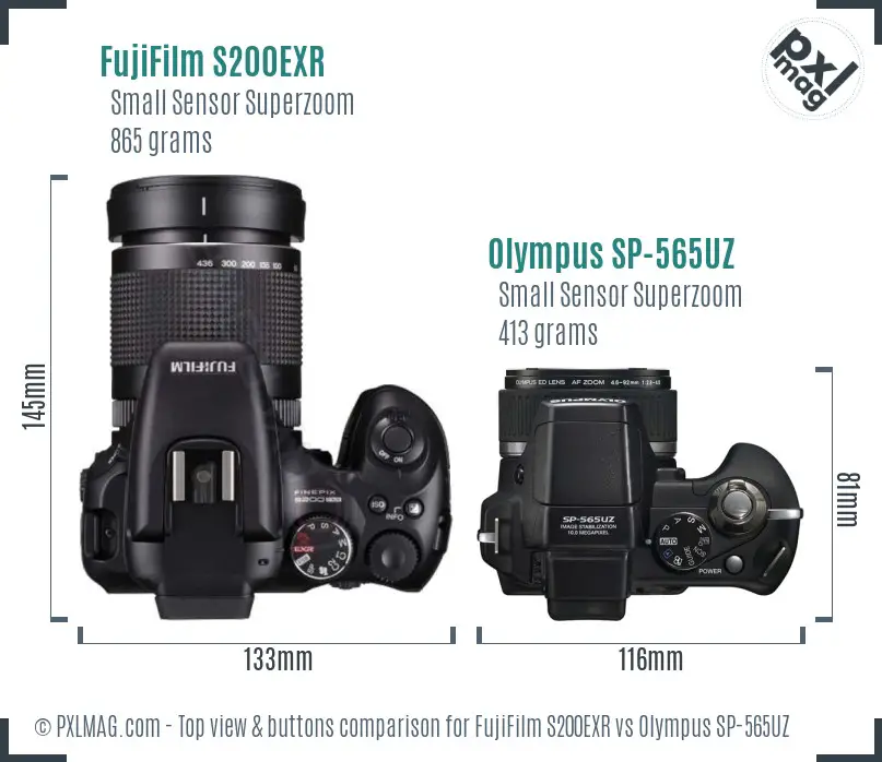 FujiFilm S200EXR vs Olympus SP-565UZ top view buttons comparison FujiFilm S200EXR vs Olympus SP-565UZ top view buttons comparison