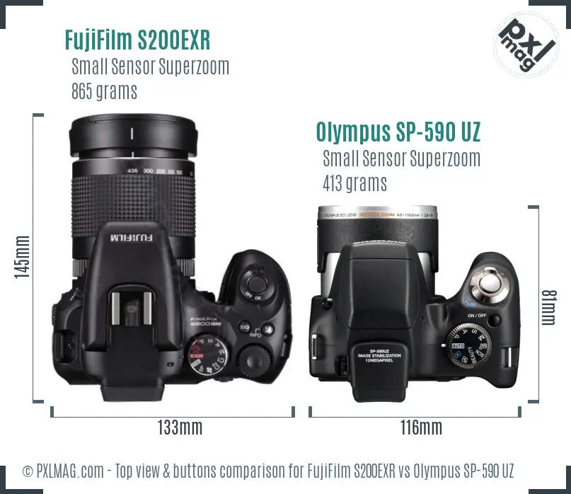 FujiFilm S200EXR vs Olympus SP-590 UZ top view buttons comparison