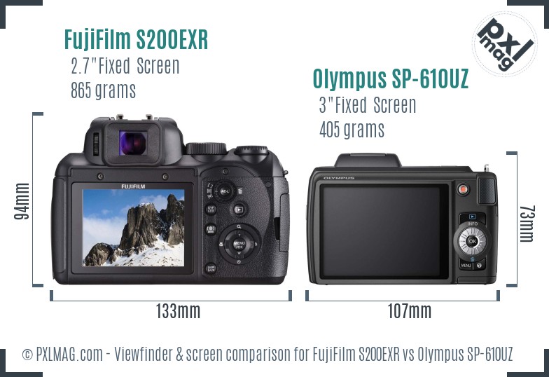 FujiFilm S200EXR vs Olympus SP-610UZ Screen and Viewfinder comparison