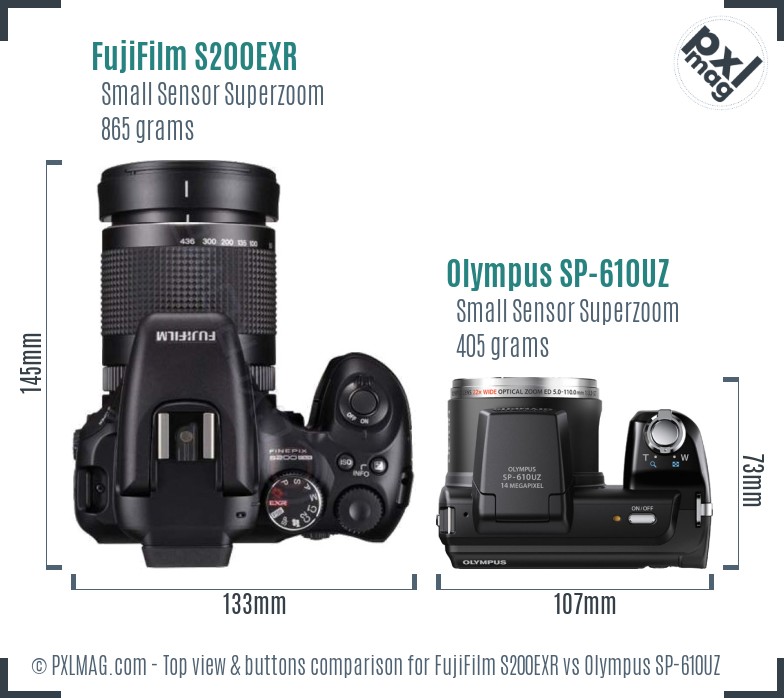 FujiFilm S200EXR vs Olympus SP-610UZ top view buttons comparison