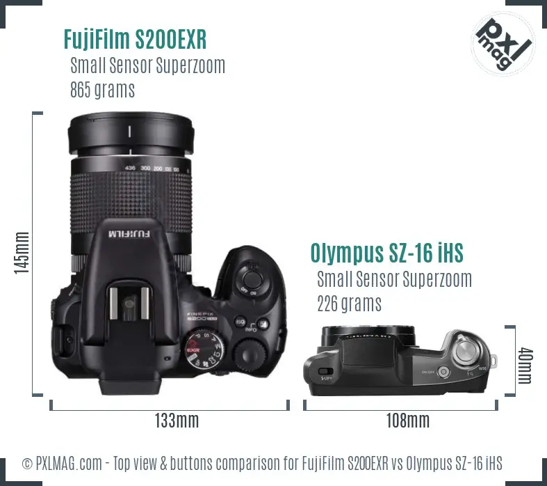 FujiFilm S200EXR vs Olympus SZ-16 iHS top view buttons comparison FujiFilm S200EXR vs Olympus SZ-16 iHS top view buttons comparison