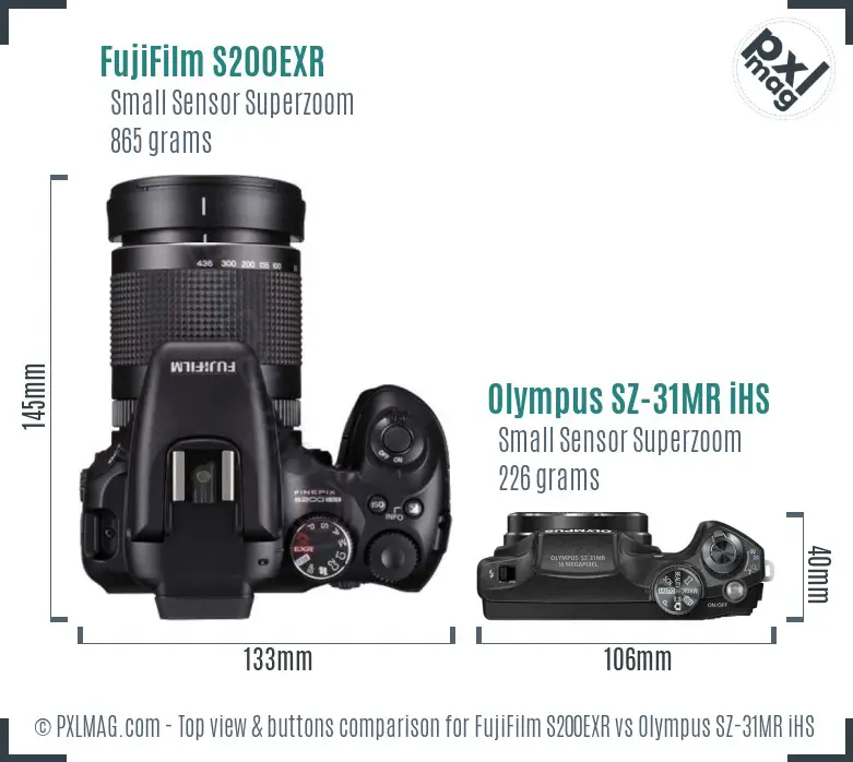 FujiFilm S200EXR vs Olympus SZ-31MR iHS top view buttons comparison