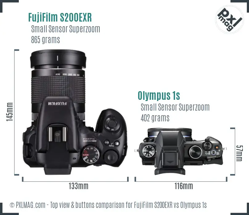 FujiFilm S200EXR vs Olympus 1s top view buttons comparison