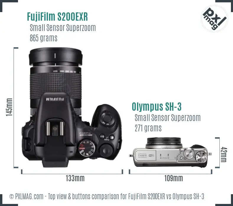FujiFilm S200EXR vs Olympus SH-3 top view buttons comparison