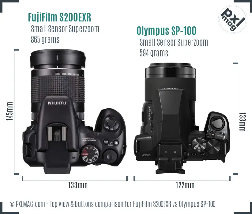 FujiFilm S200EXR vs Olympus SP-100 top view buttons comparison FujiFilm S200EXR vs Olympus SP-100 top view buttons comparison