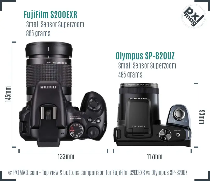 FujiFilm S200EXR vs Olympus SP-820UZ top view buttons comparison
