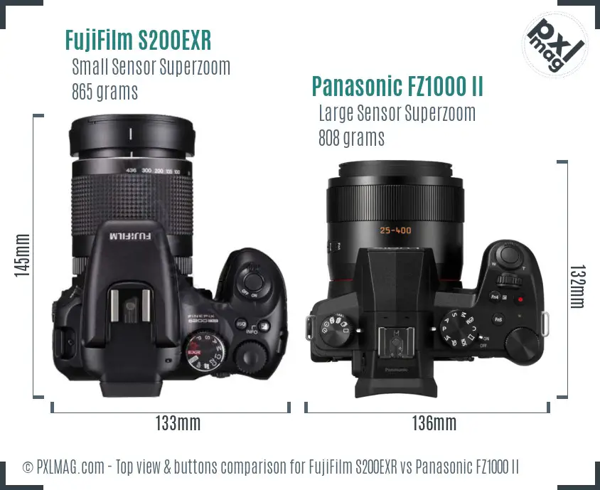 FujiFilm S200EXR vs Panasonic FZ1000 II top view buttons comparison