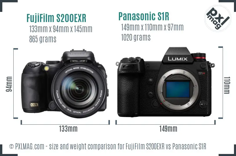 FujiFilm S200EXR vs Panasonic S1R size comparison