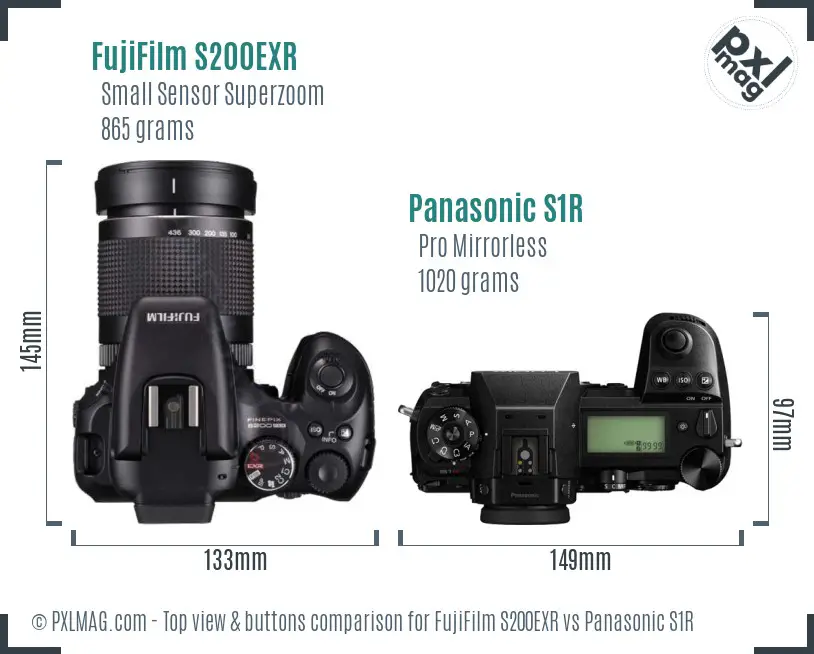 FujiFilm S200EXR vs Panasonic S1R top view buttons comparison
