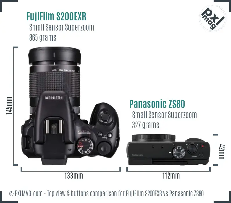 FujiFilm S200EXR vs Panasonic ZS80 top view buttons comparison