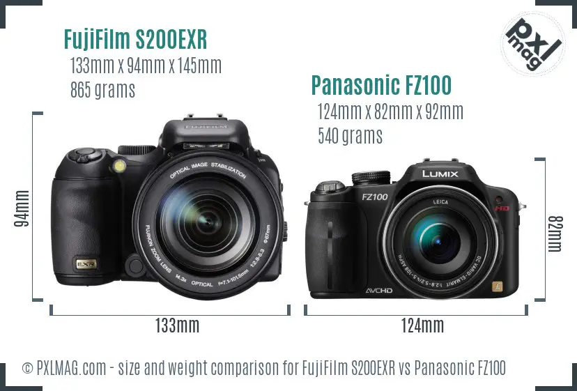FujiFilm S200EXR vs Panasonic FZ100 size comparison