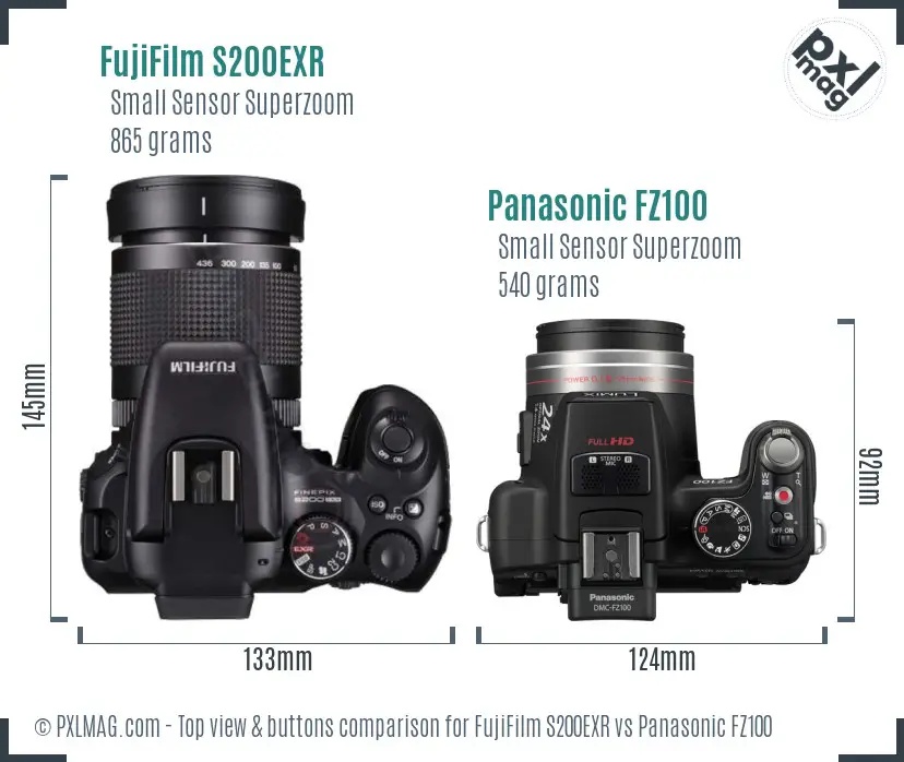 FujiFilm S200EXR vs Panasonic FZ100 top view buttons comparison