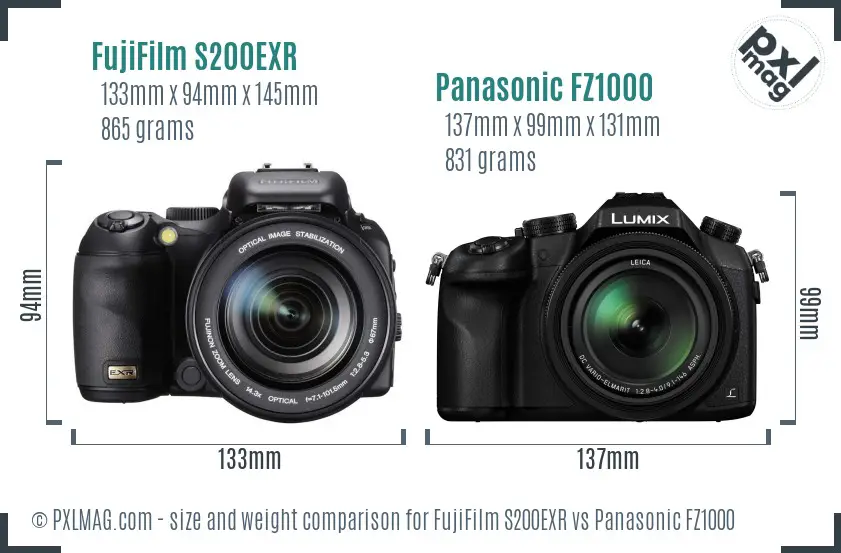 FujiFilm S200EXR vs Panasonic FZ1000 size comparison