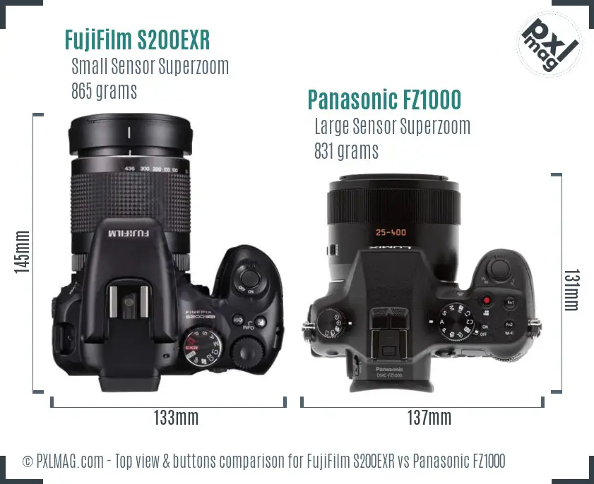 FujiFilm S200EXR vs Panasonic FZ1000 top view buttons comparison