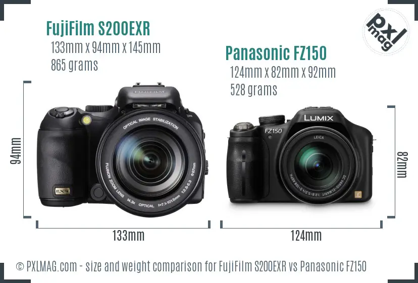 FujiFilm S200EXR vs Panasonic FZ150 size comparison