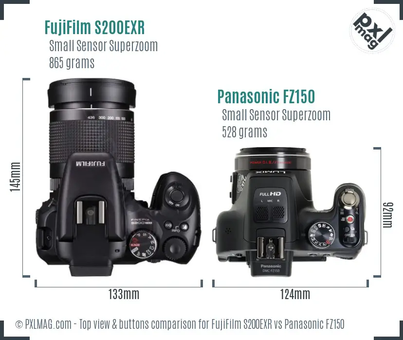 FujiFilm S200EXR vs Panasonic FZ150 top view buttons comparison
