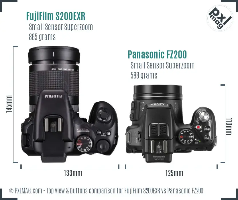 FujiFilm S200EXR vs Panasonic FZ200 top view buttons comparison