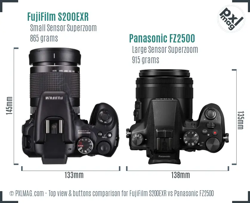 FujiFilm S200EXR vs Panasonic FZ2500 top view buttons comparison FujiFilm S200EXR vs Panasonic FZ2500 top view buttons comparison