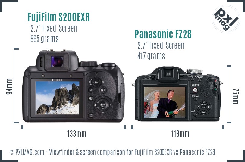 FujiFilm S200EXR vs Panasonic FZ28 Screen and Viewfinder comparison