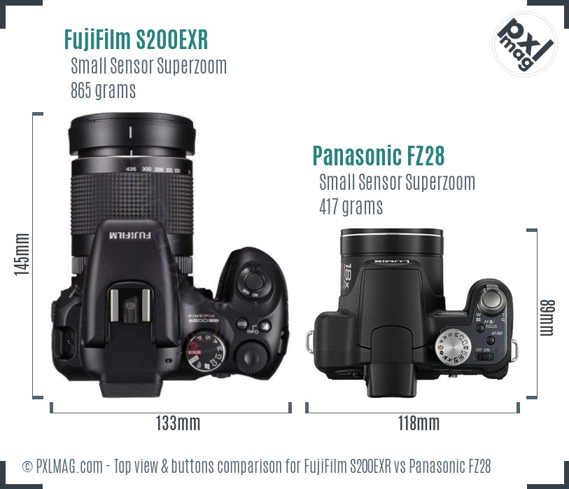 FujiFilm S200EXR vs Panasonic FZ28 top view buttons comparison