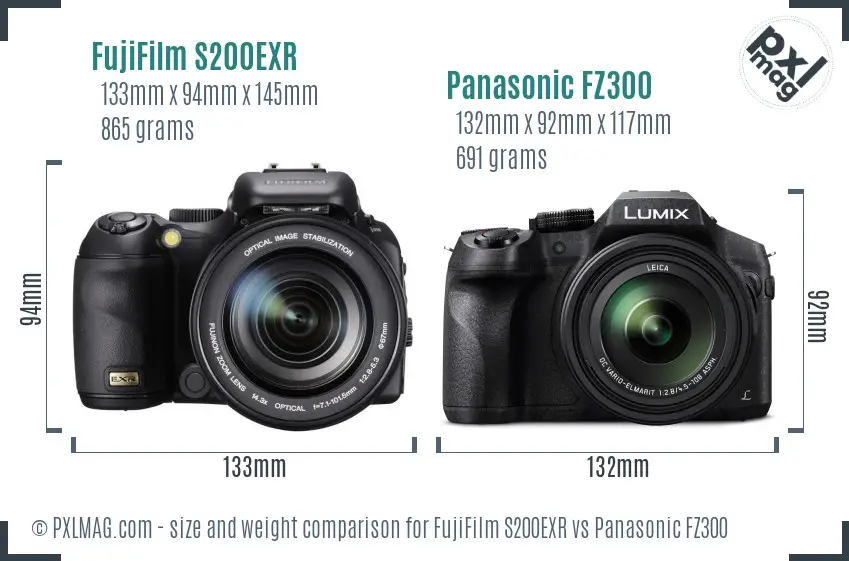 FujiFilm S200EXR vs Panasonic FZ300 size comparison