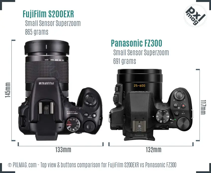 FujiFilm S200EXR vs Panasonic FZ300 top view buttons comparison