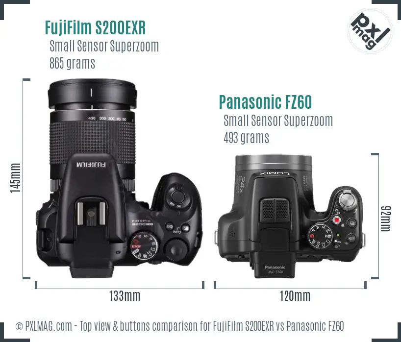 FujiFilm S200EXR vs Panasonic FZ60 top view buttons comparison