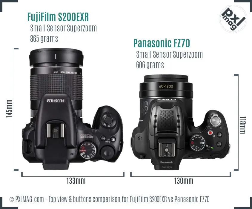 FujiFilm S200EXR vs Panasonic FZ70 top view buttons comparison