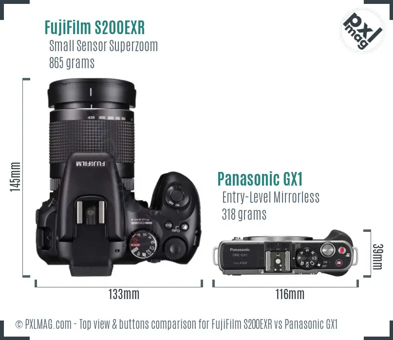 FujiFilm S200EXR vs Panasonic GX1 top view buttons comparison