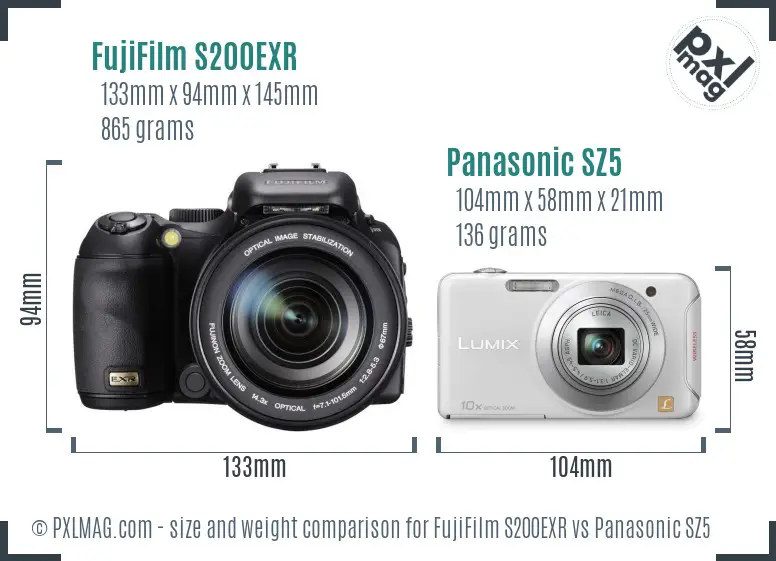 FujiFilm S200EXR vs Panasonic SZ5 size comparison
