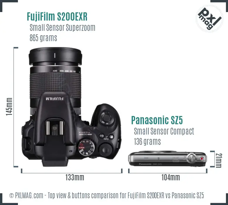 FujiFilm S200EXR vs Panasonic SZ5 top view buttons comparison