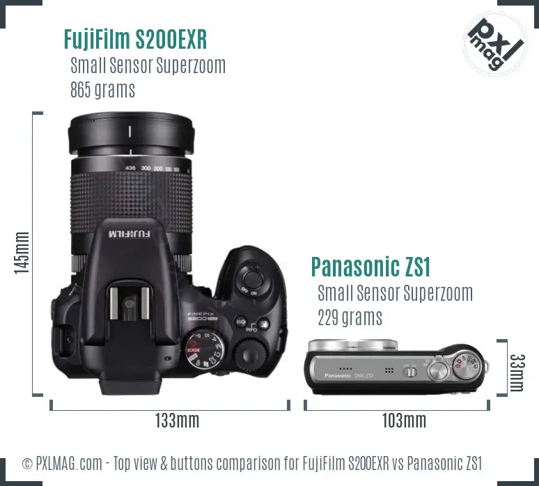 FujiFilm S200EXR vs Panasonic ZS1 top view buttons comparison