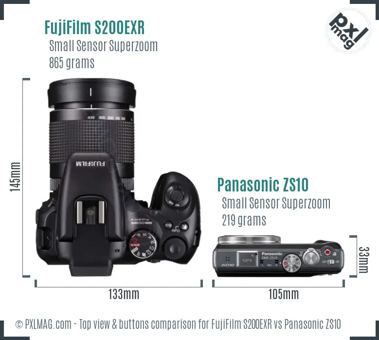 FujiFilm S200EXR vs Panasonic ZS10 top view buttons comparison