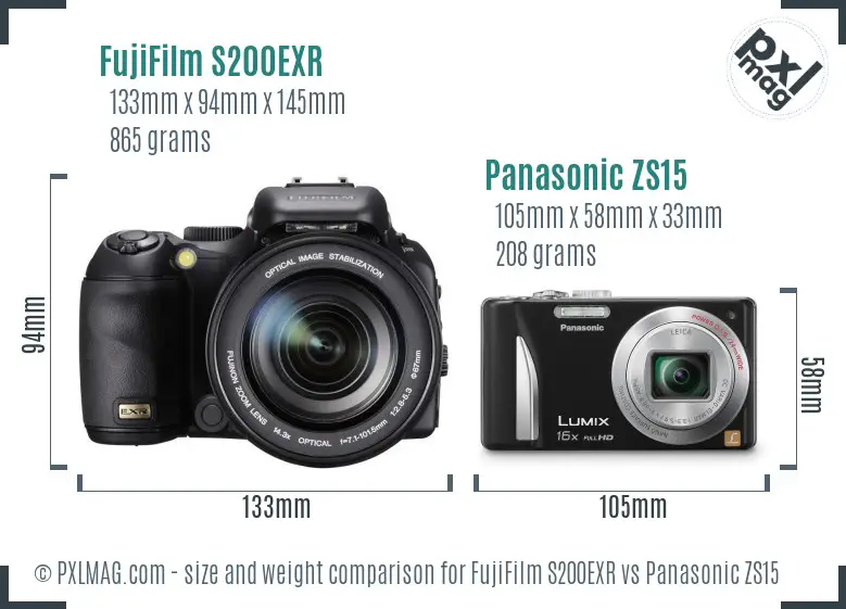 FujiFilm S200EXR vs Panasonic ZS15 size comparison