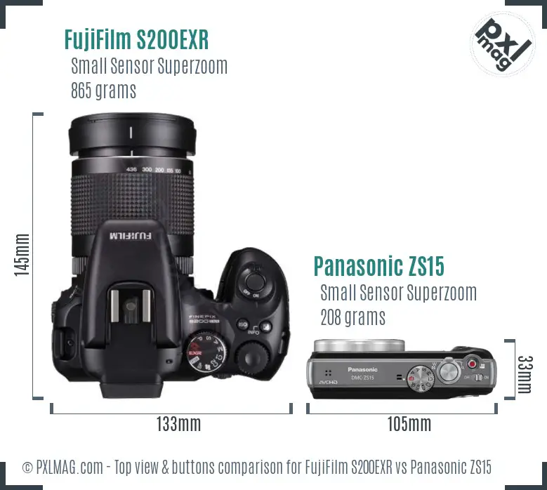 FujiFilm S200EXR vs Panasonic ZS15 top view buttons comparison