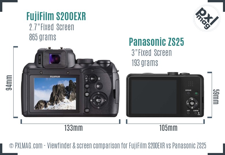 FujiFilm S200EXR vs Panasonic ZS25 Screen and Viewfinder comparison