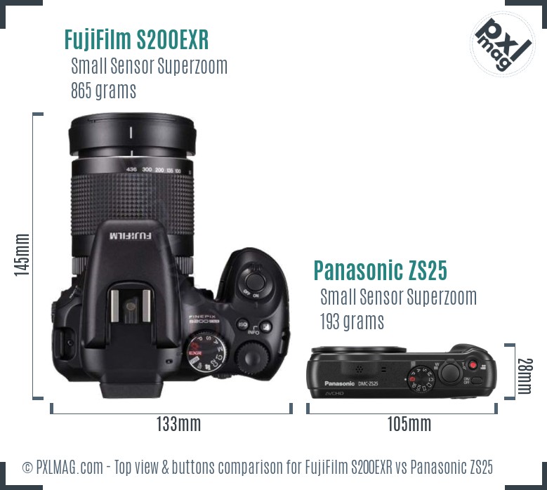 FujiFilm S200EXR vs Panasonic ZS25 top view buttons comparison