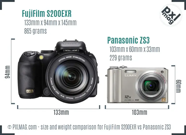 FujiFilm S200EXR vs Panasonic ZS3 size comparison