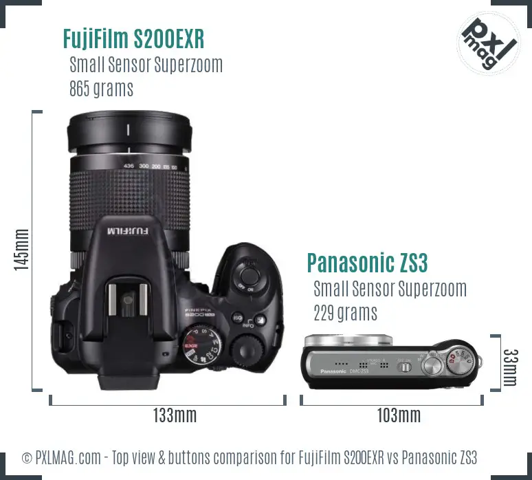 FujiFilm S200EXR vs Panasonic ZS3 top view buttons comparison