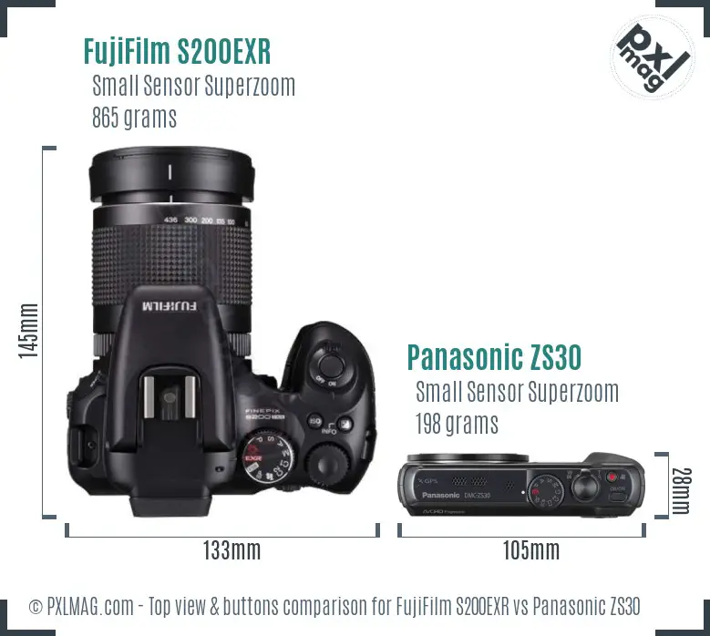 FujiFilm S200EXR vs Panasonic ZS30 top view buttons comparison