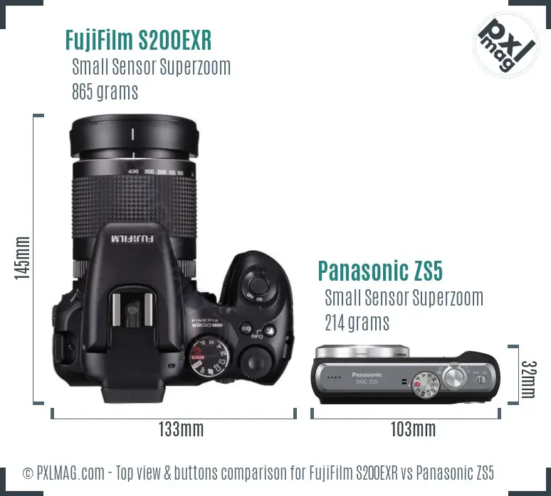 FujiFilm S200EXR vs Panasonic ZS5 top view buttons comparison