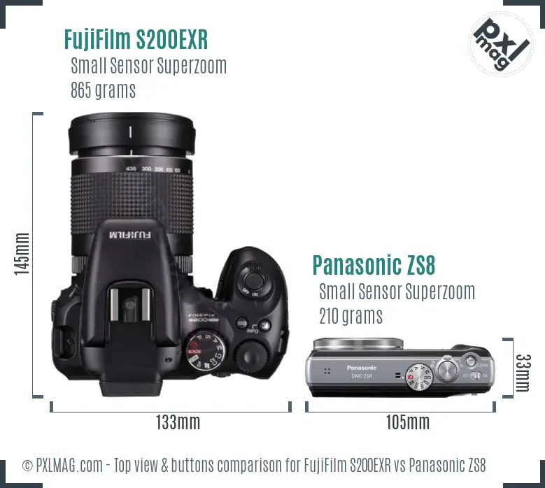 FujiFilm S200EXR vs Panasonic ZS8 top view buttons comparison