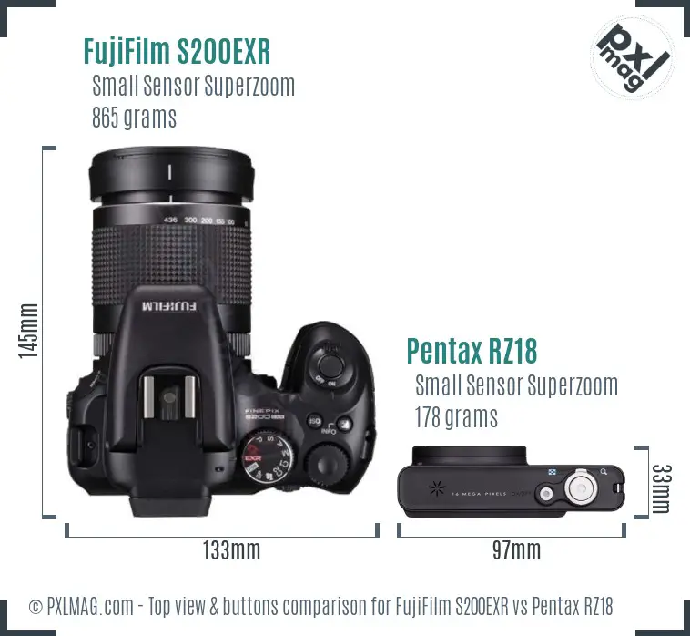 FujiFilm S200EXR vs Pentax RZ18 top view buttons comparison