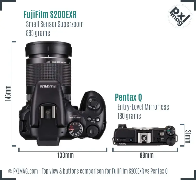 FujiFilm S200EXR vs Pentax Q top view buttons comparison