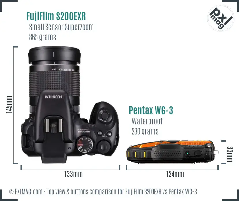 FujiFilm S200EXR vs Pentax WG-3 top view buttons comparison
