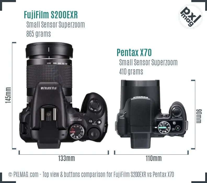 FujiFilm S200EXR vs Pentax X70 top view buttons comparison