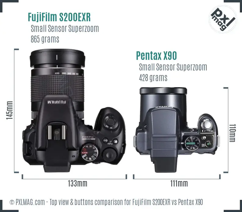 FujiFilm S200EXR vs Pentax X90 top view buttons comparison